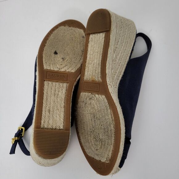 RALPH LAUREN Sandals Womens 7.5 Hadly Navy Blue Wedge Slingback Espadrilles - Picture 9 of 9